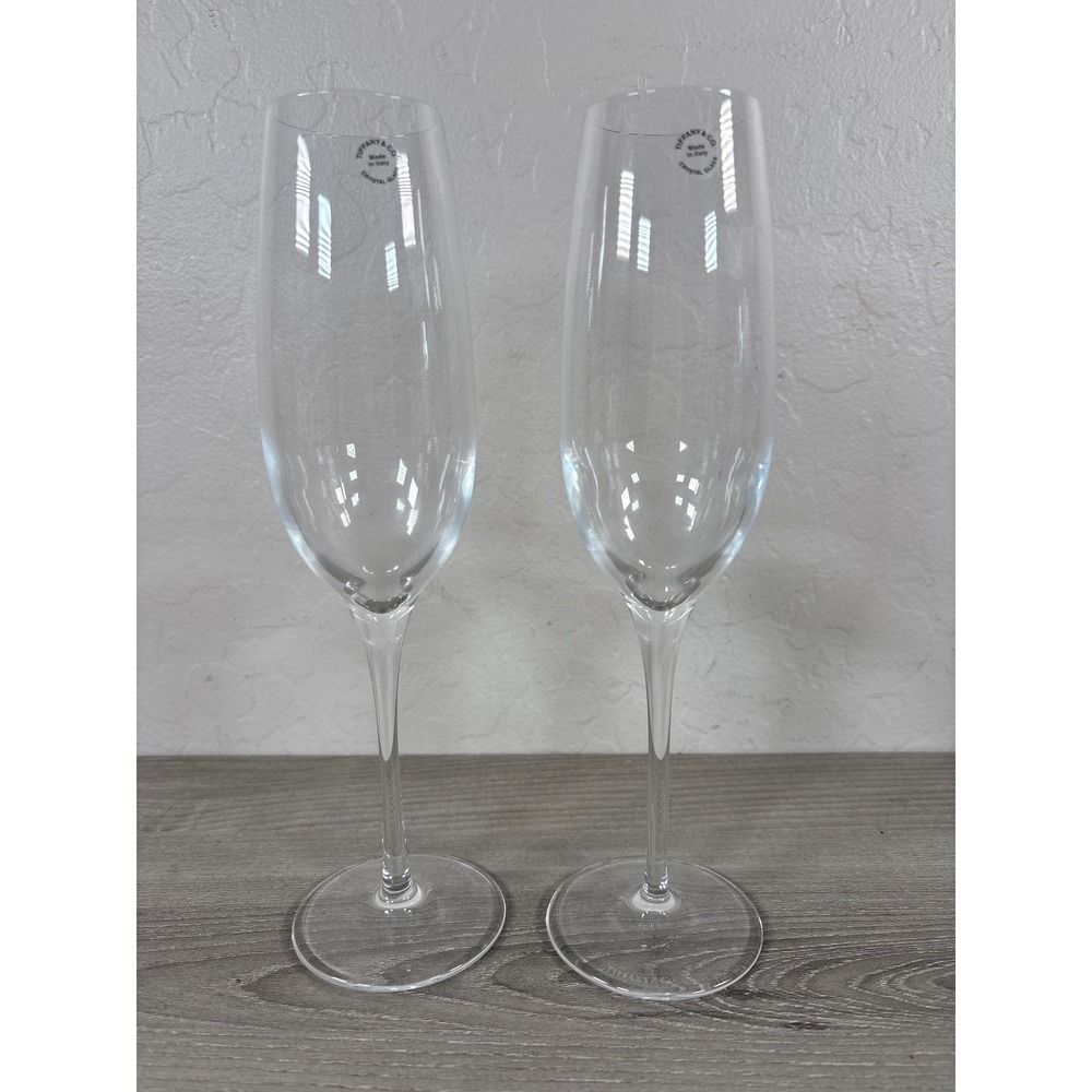 Tiffany & Co Crystal Champagne Flutes Set of 2 Made in Italy Etched Logo Glass